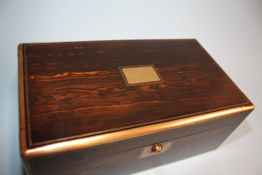 19th-century coromandel writing slope bound in brass with secret drawers View II