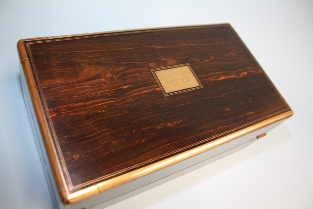 19th-century coromandel writing slope bound in brass with secret drawers View VI