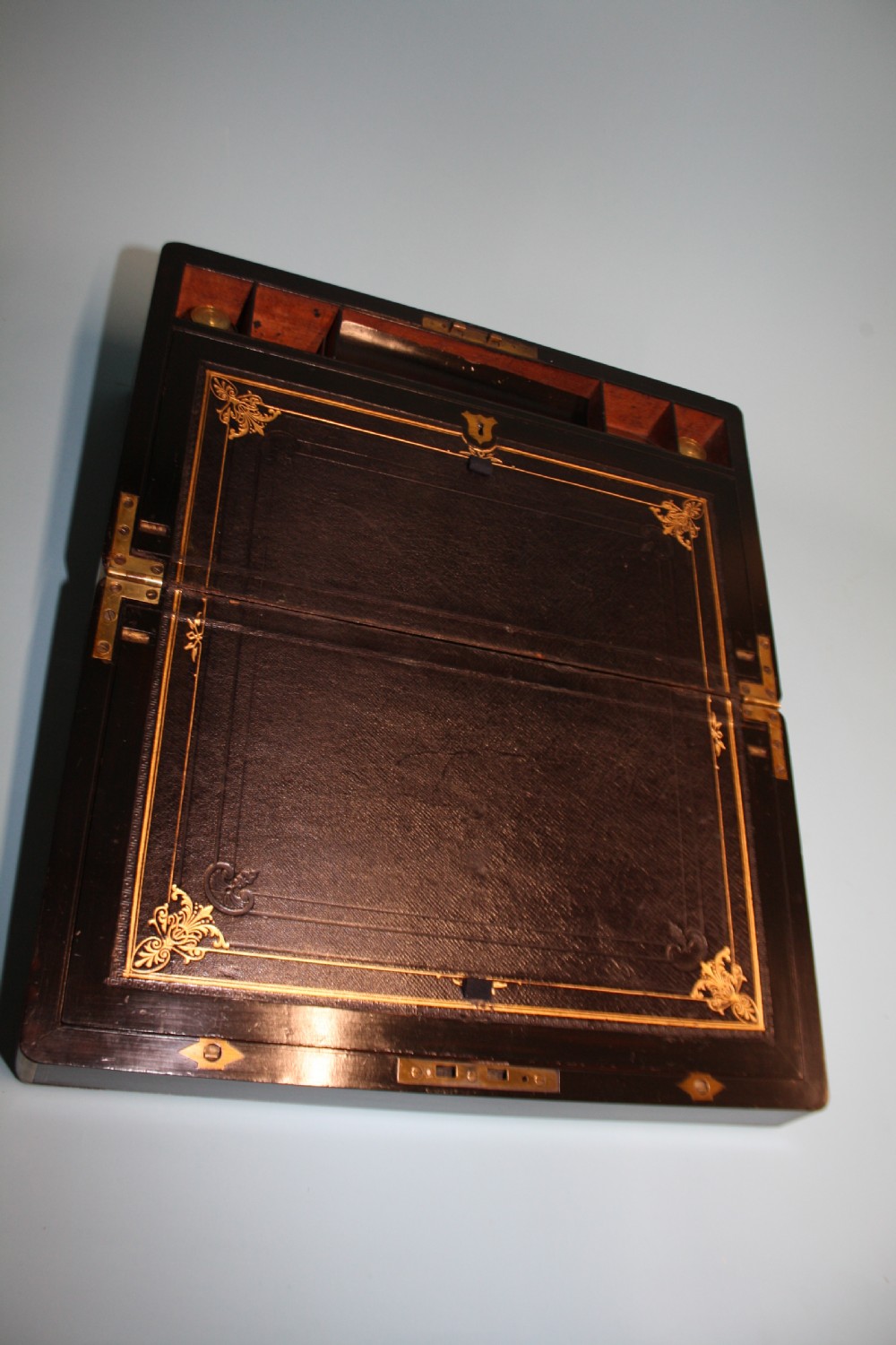 19th-century coromandel writing slope bound in brass with secret drawers View XII