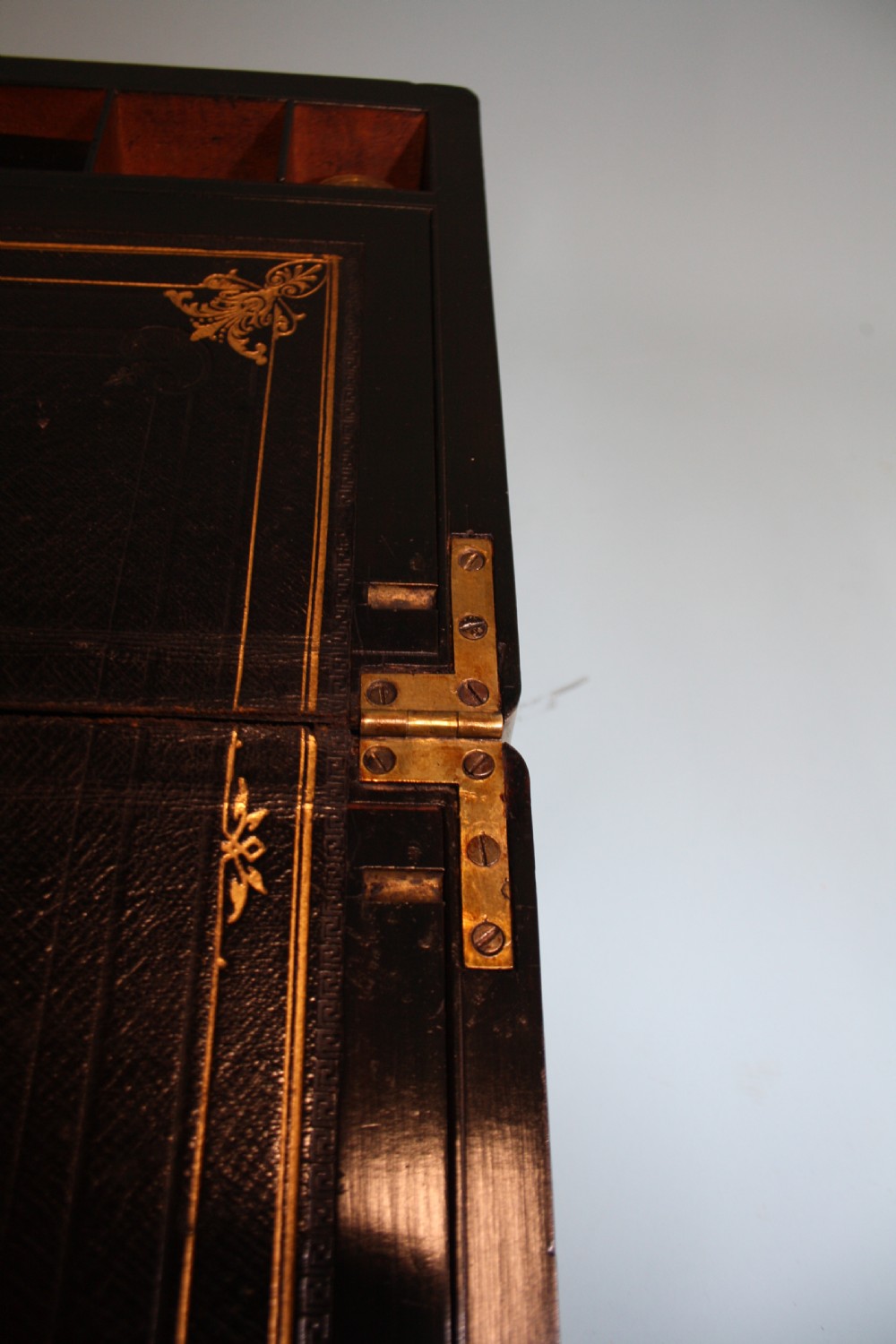 19th-century coromandel writing slope bound in brass with secret drawers View XV