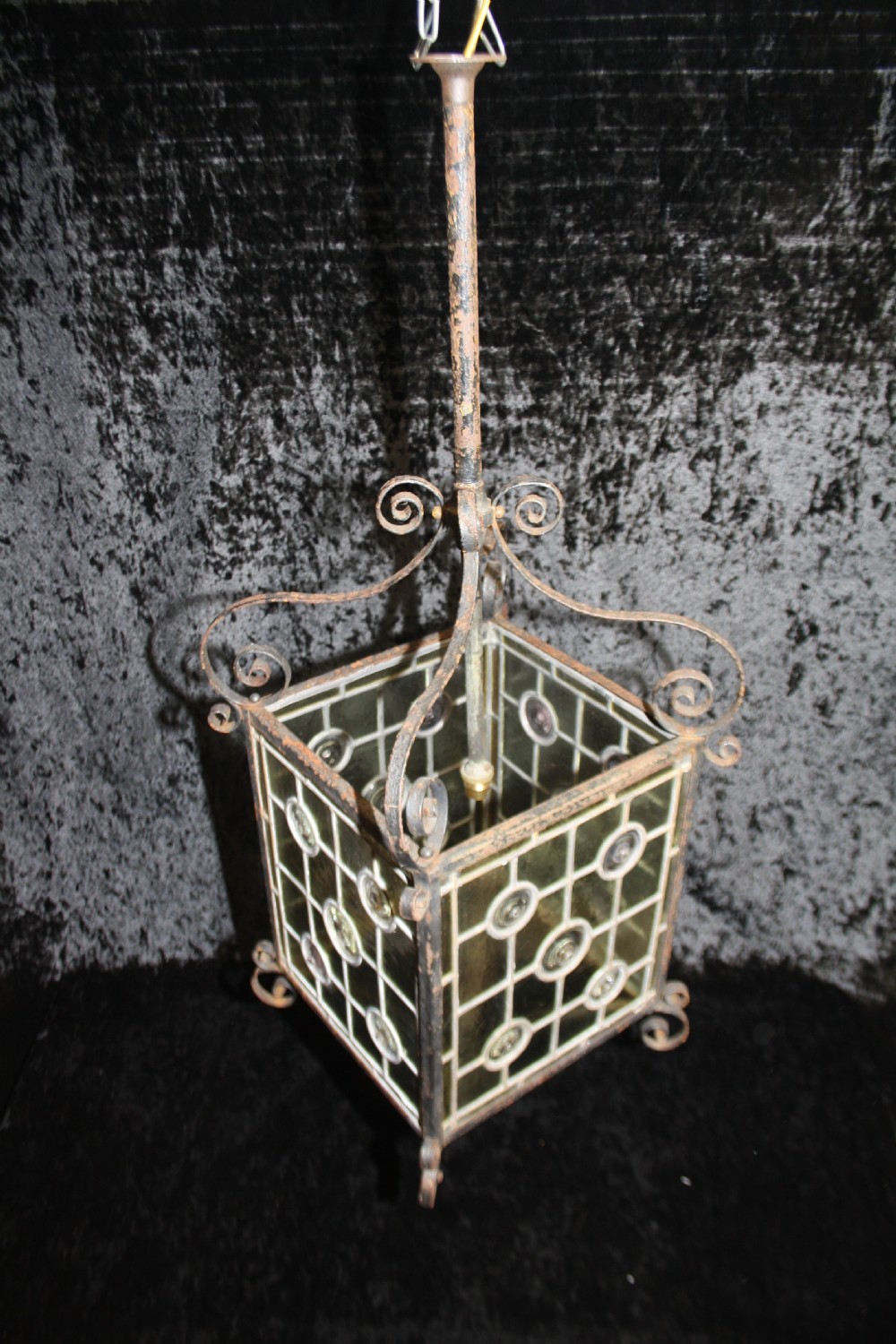 Tall Early 20th century hall or porch lantern with leaded glass View VII