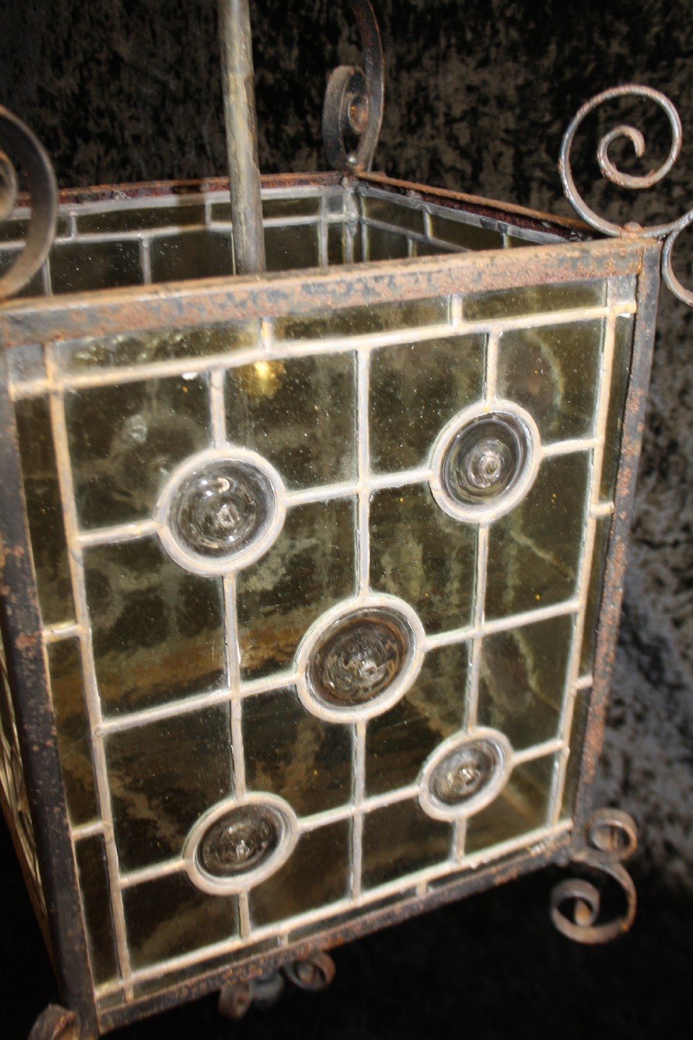 Tall Early 20th century hall or porch lantern with leaded glass View IX