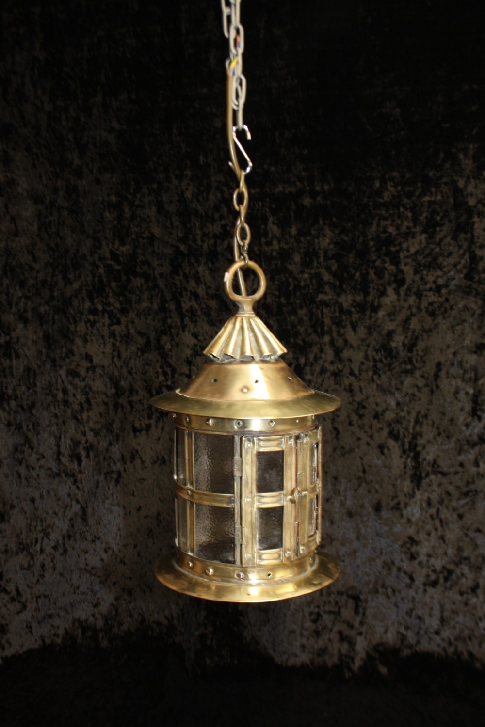 C 1900 brass porch lantern with opaque glass