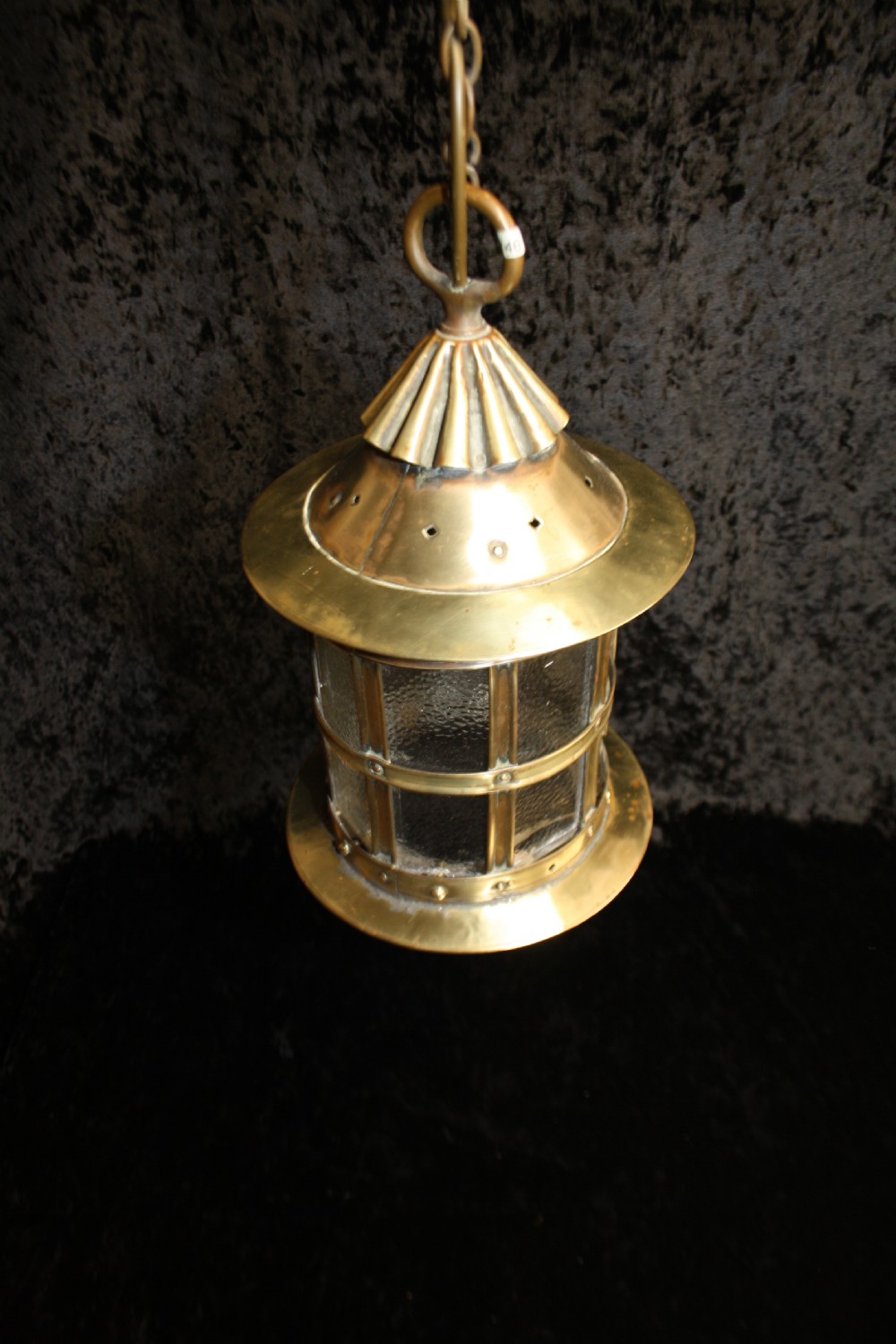 C 1900 brass porch lantern with opaque glass View II