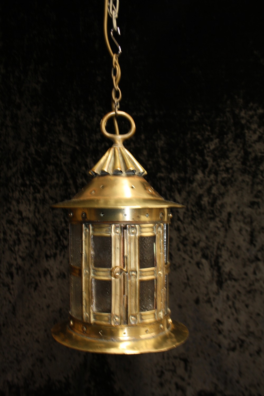 C 1900 brass porch lantern with opaque glass View III
