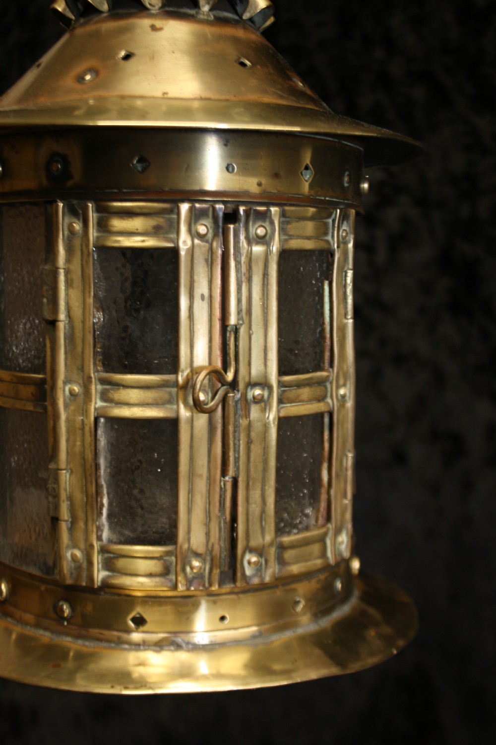 C 1900 brass porch lantern with opaque glass View VI