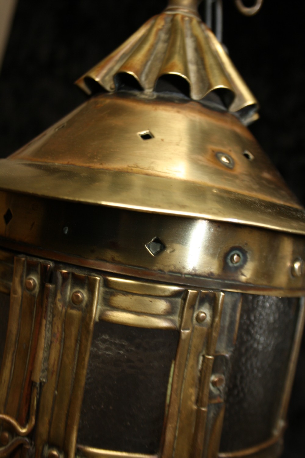 C 1900 brass porch lantern with opaque glass View IX