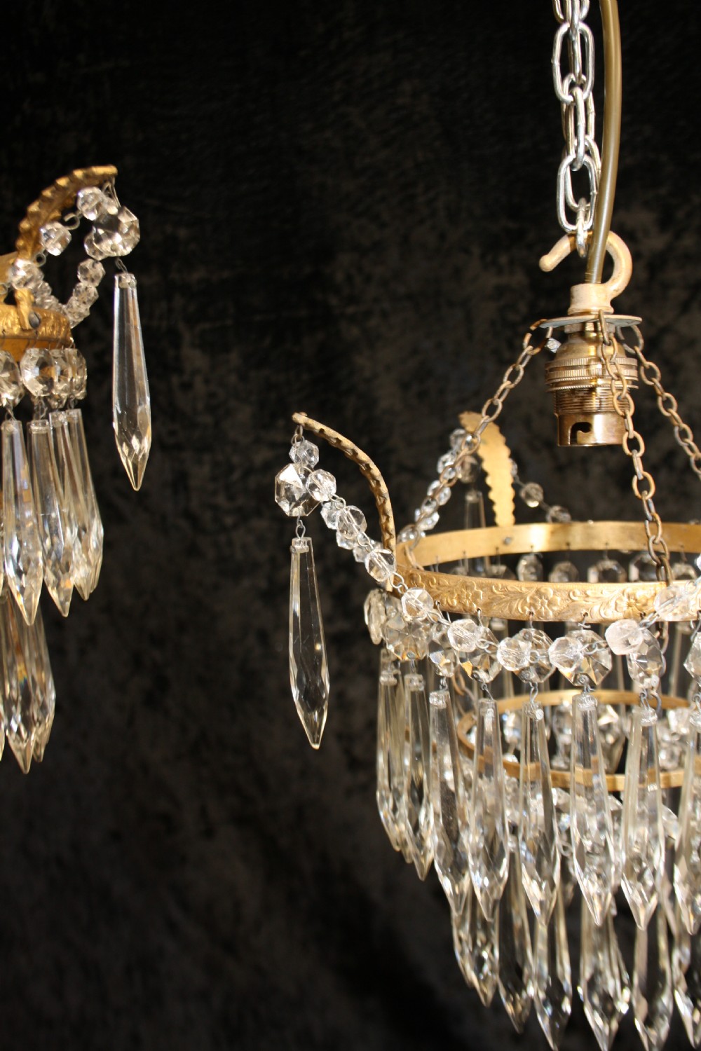 Pair of spike chandeliers with leaves and swags to the top View IX