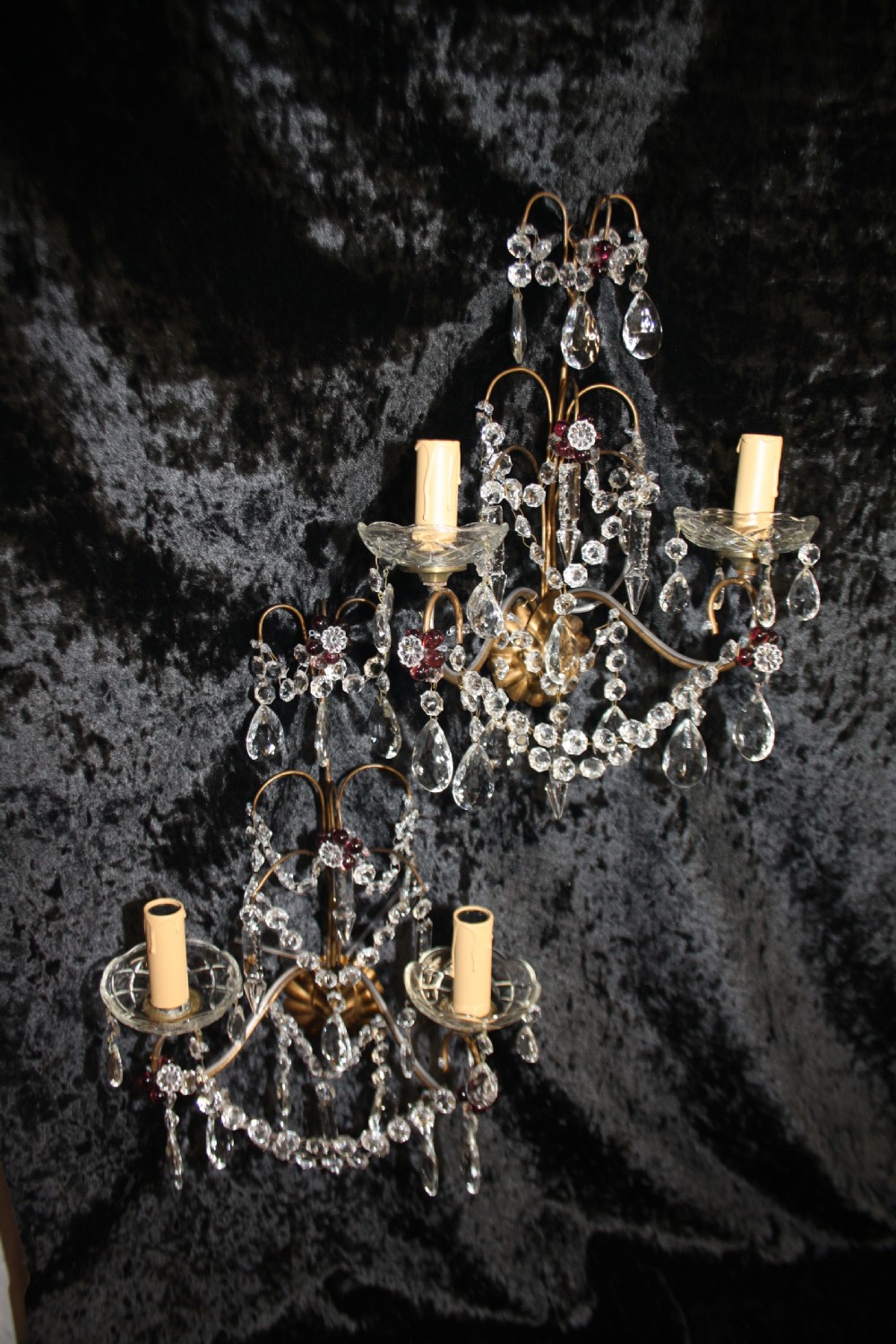Early 20th century Pair of wall lights with swags drip bowls and red flowers
