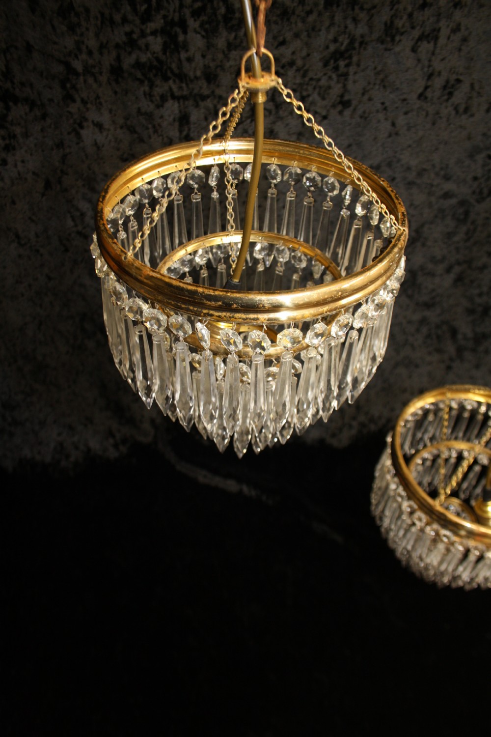 Pair of spike chandeliers with moulded brass rings View III