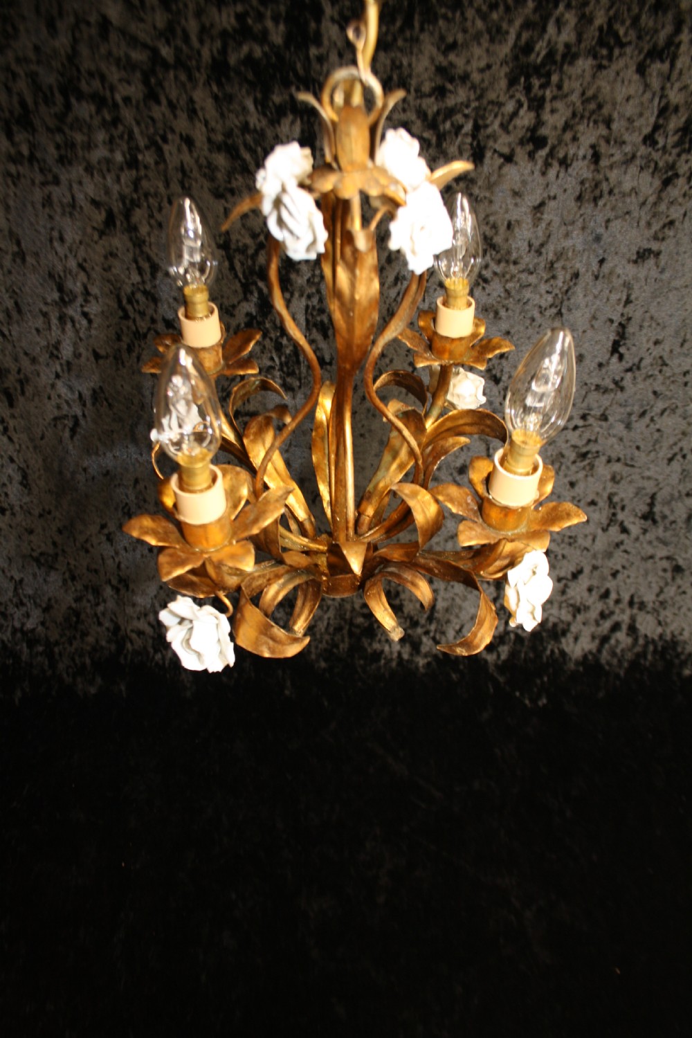 Four arm French gilt chandelier with porcelain flowers View II