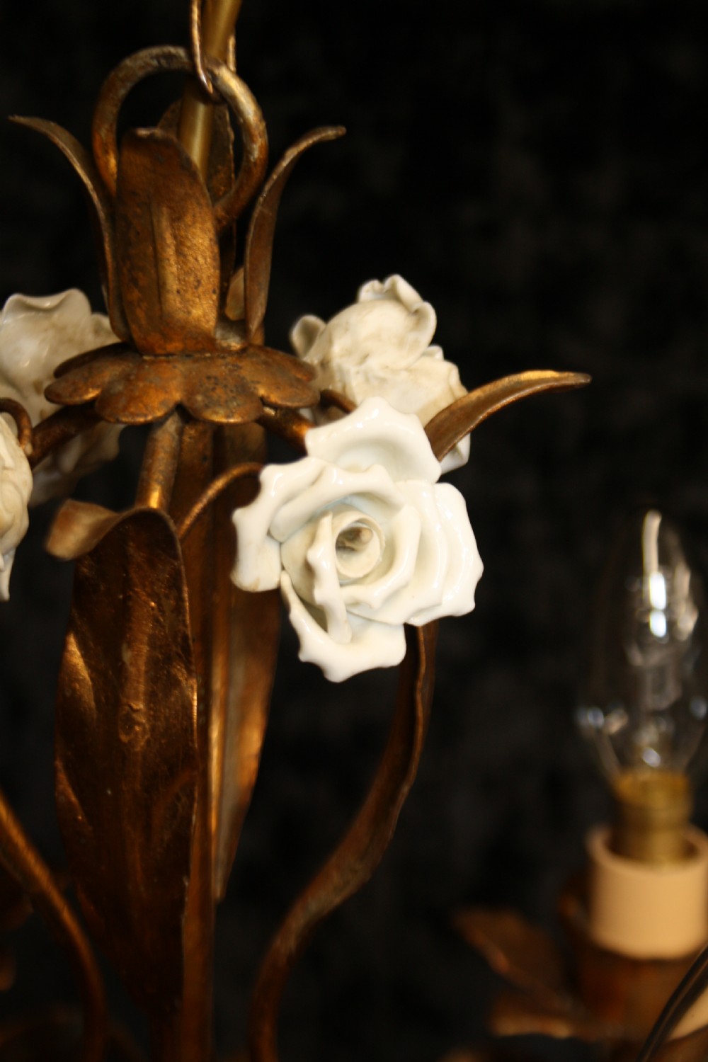 Four arm French gilt chandelier with porcelain flowers View IV