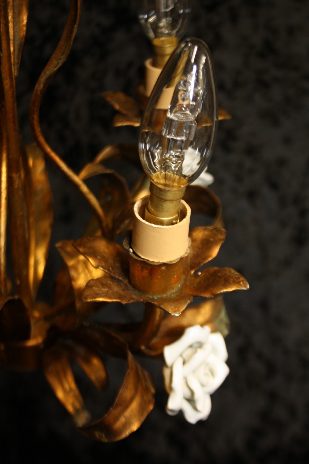 Four arm French gilt chandelier with porcelain flowers View V