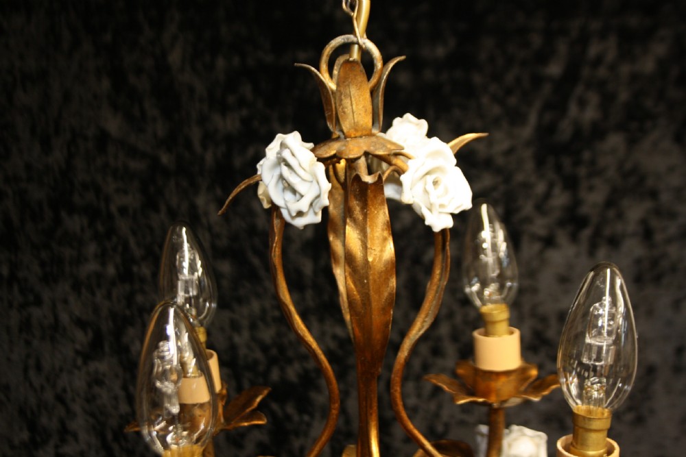 Four arm French gilt chandelier with porcelain flowers View VII
