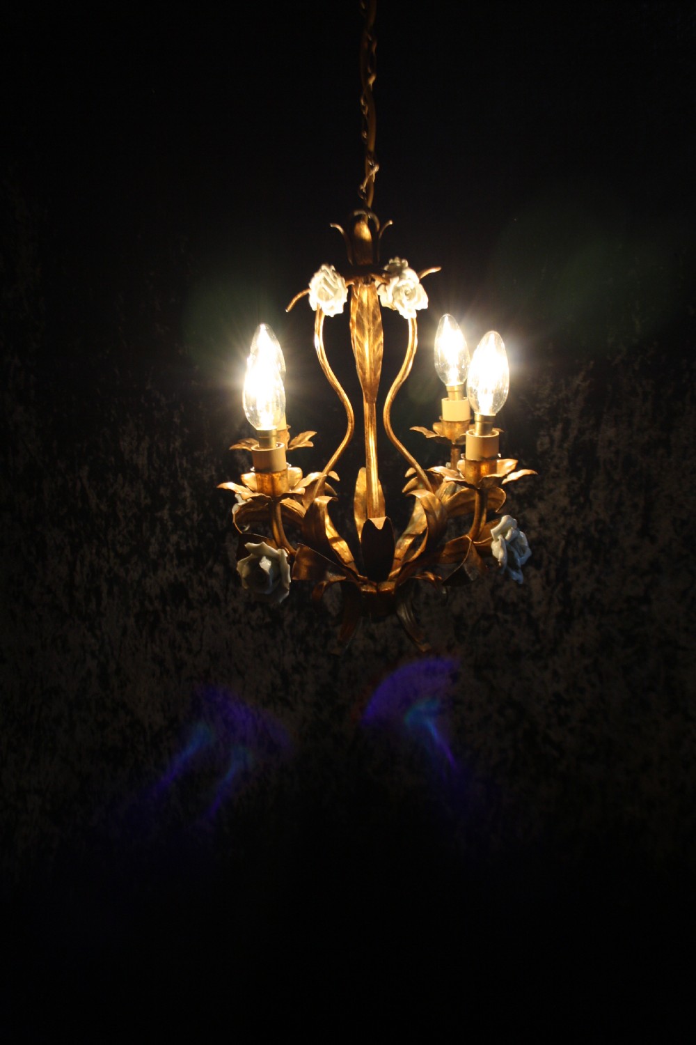 Four arm French gilt chandelier with porcelain flowers View X