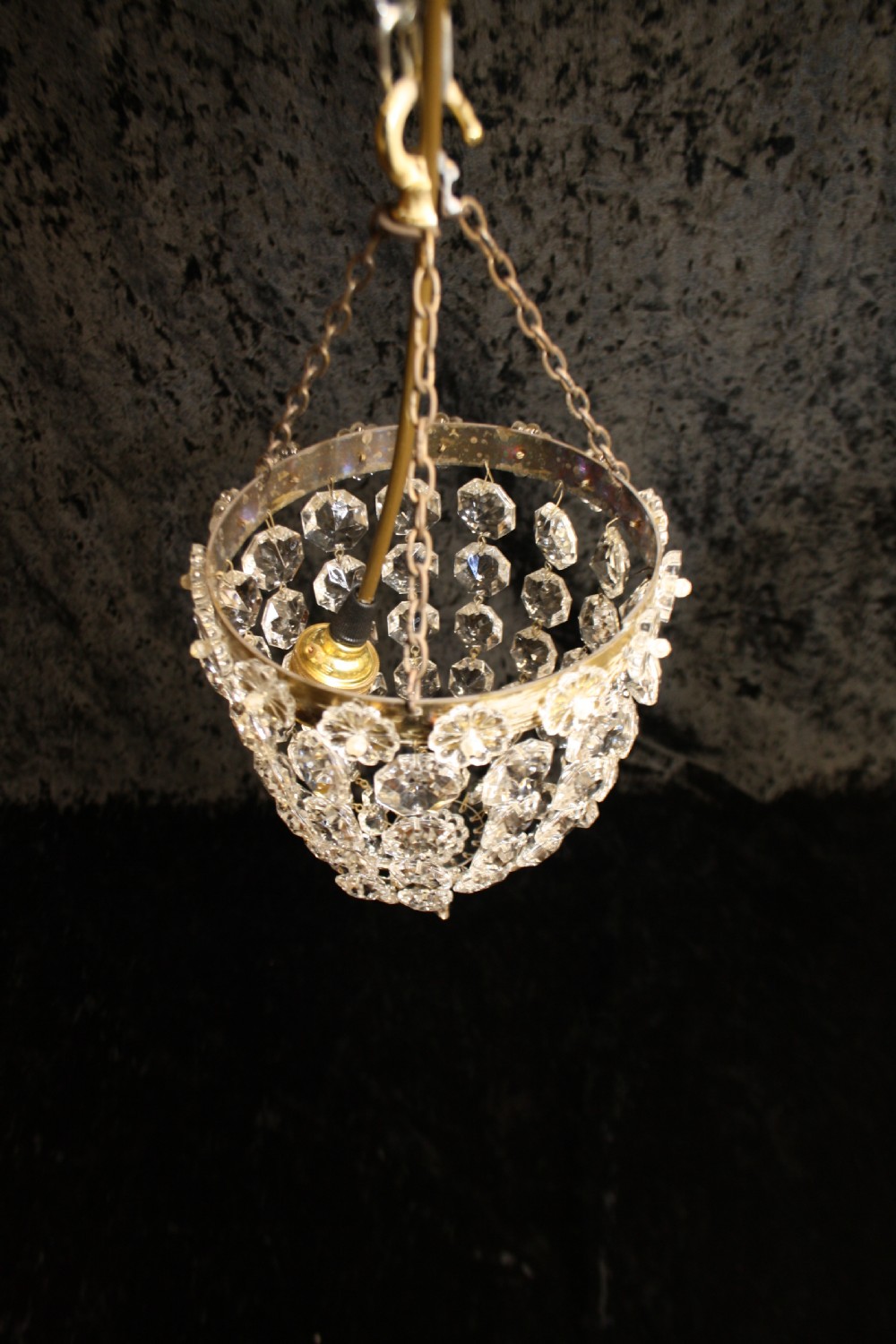 Early 20th century pair of bag chandeliers with glass flowers to the periphery View II