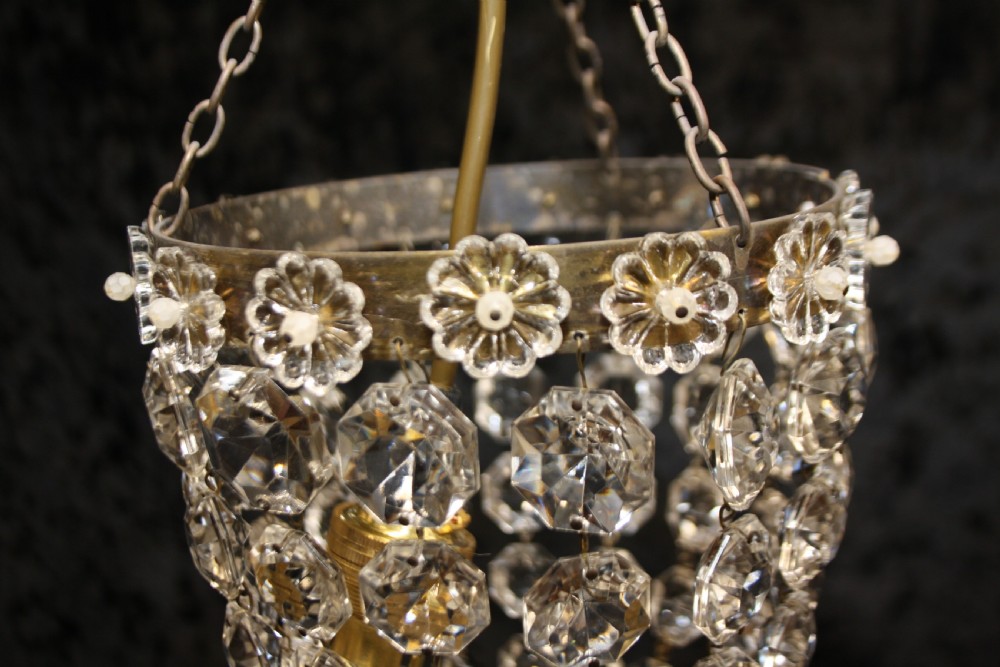 Early 20th century pair of bag chandeliers with glass flowers to the periphery View IV