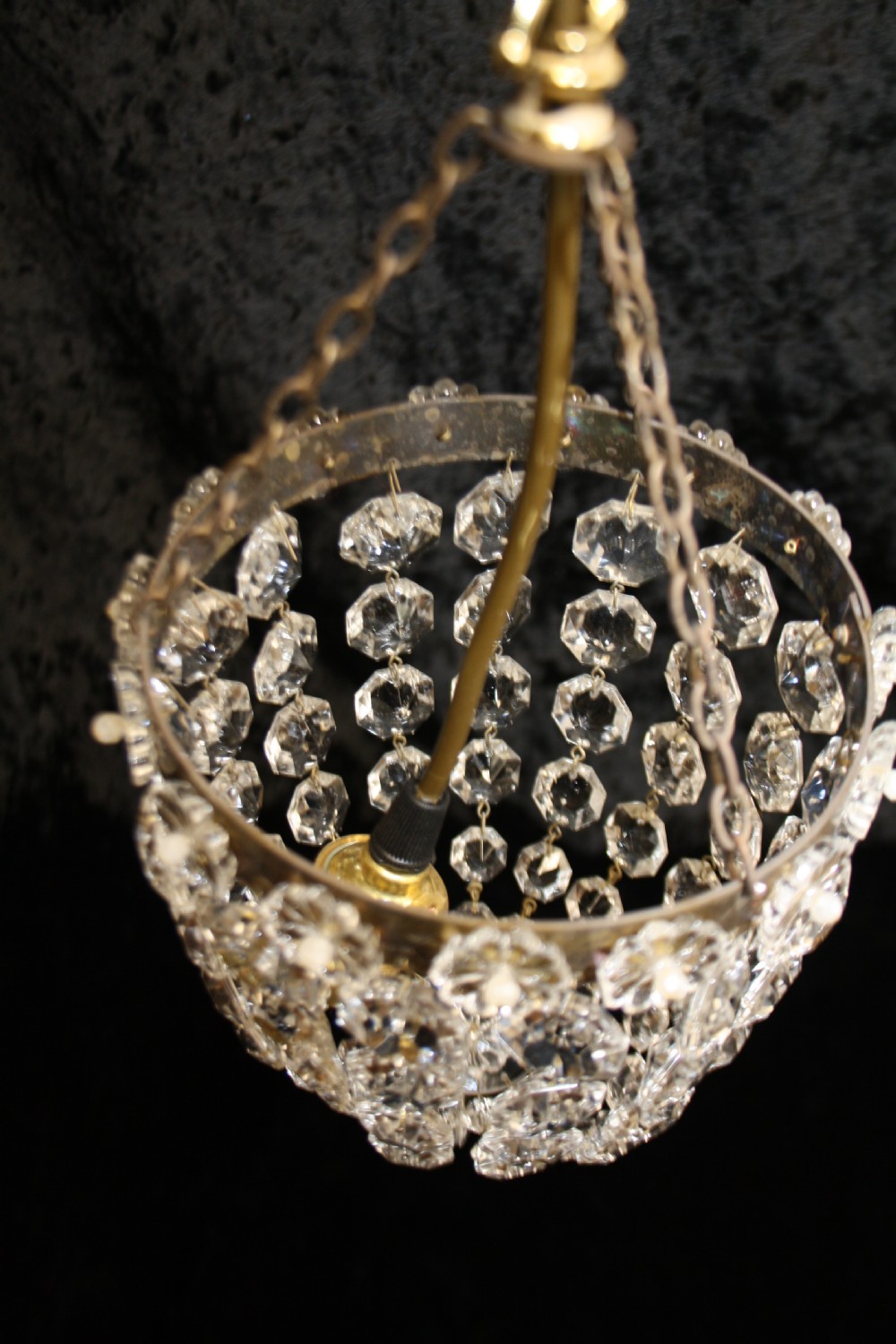 Early 20th century pair of bag chandeliers with glass flowers to the periphery View VI