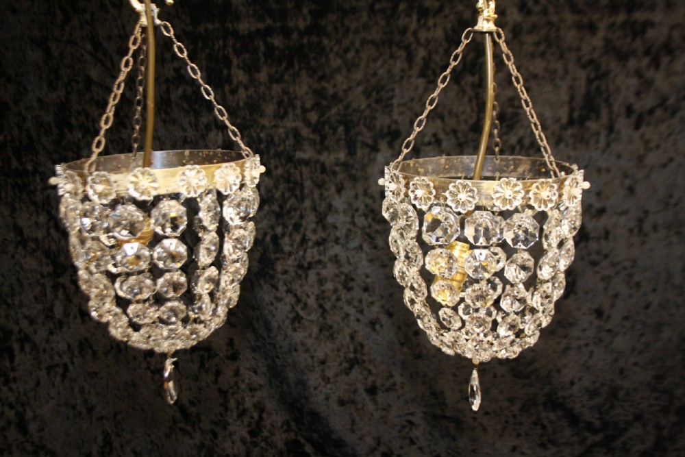 Early 20th century pair of bag chandeliers with glass flowers to the periphery View VII