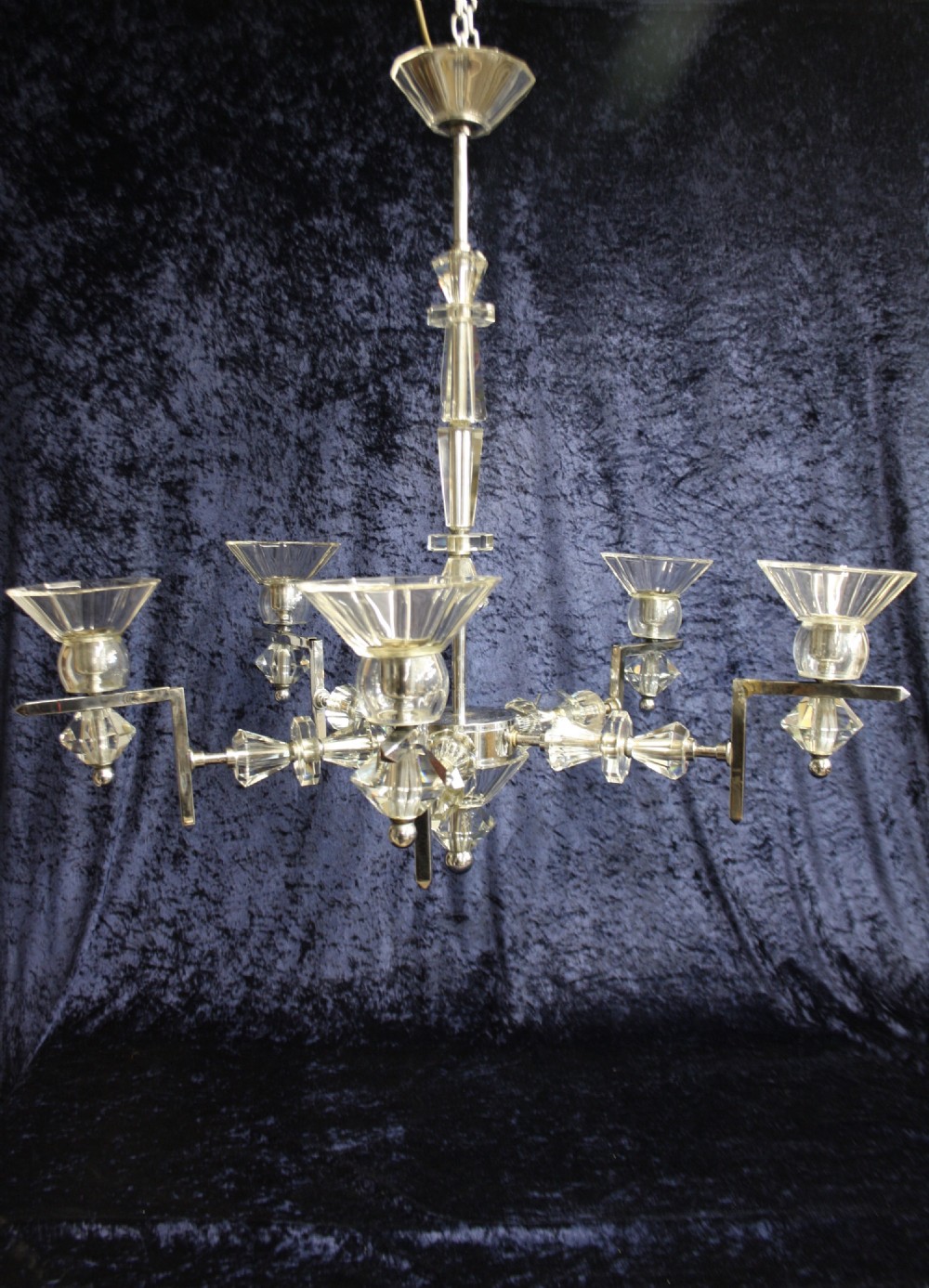 Large art deco chrome and glass chandelier