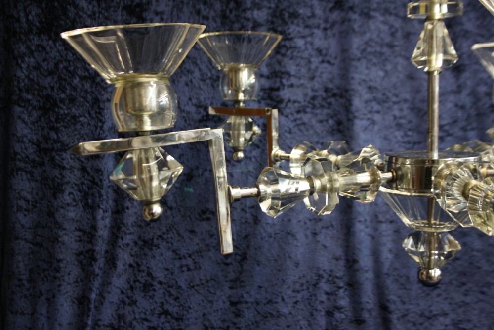 Large art deco chrome and glass chandelier View IV