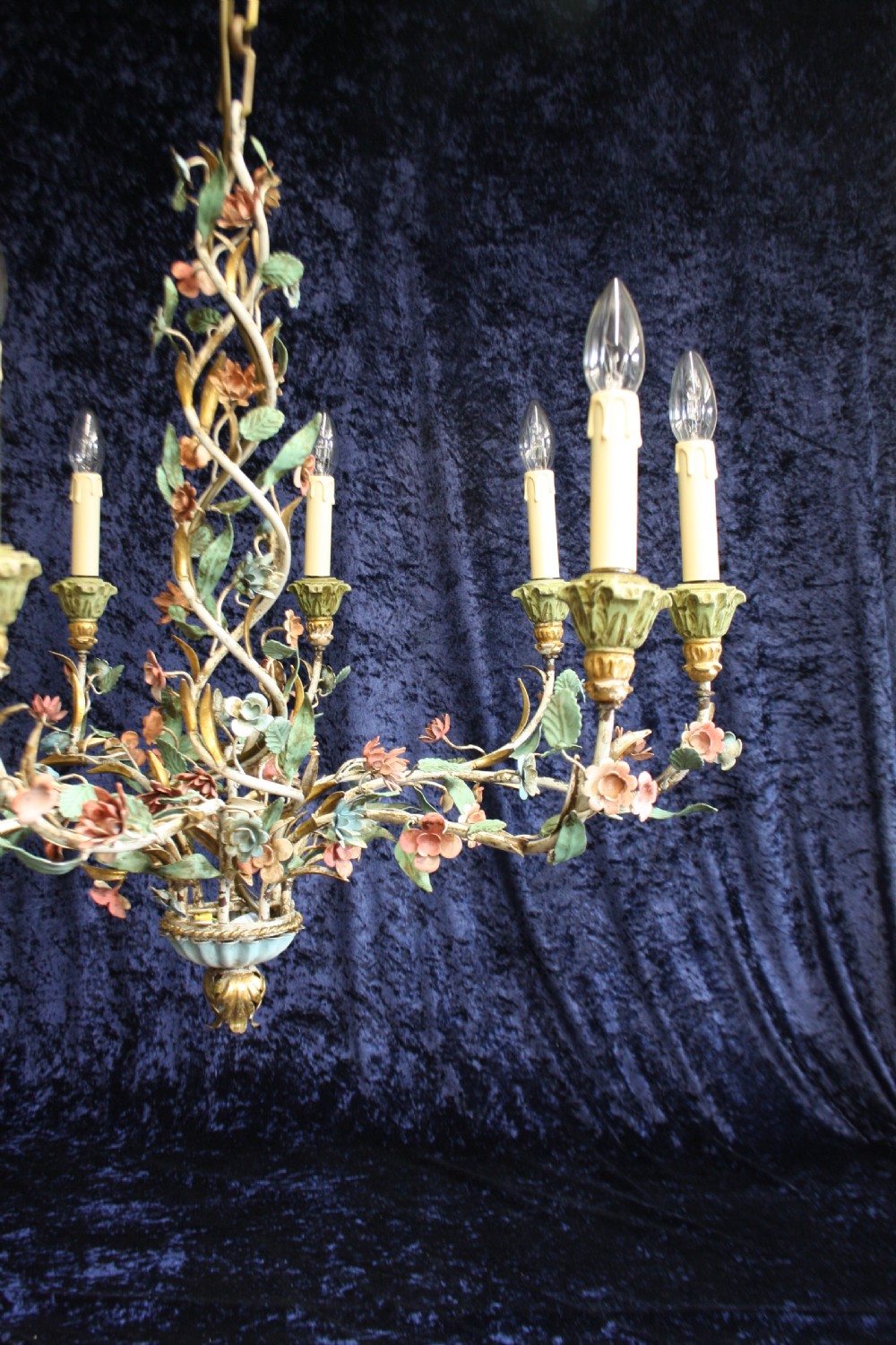 Large steel painted French chandelier with flowers View XI