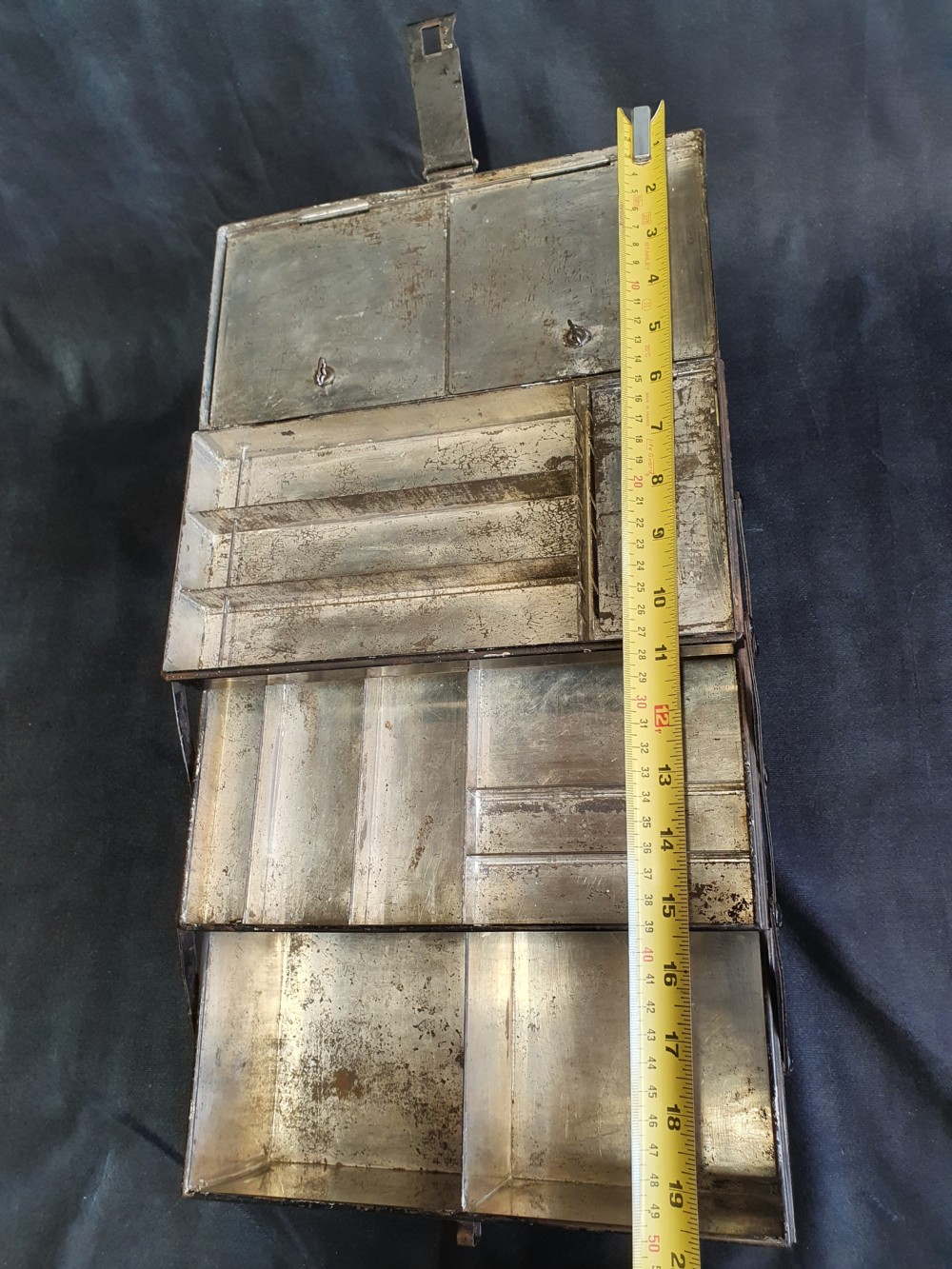 Metal fishing tackle box with silvered inside C1900 View XII