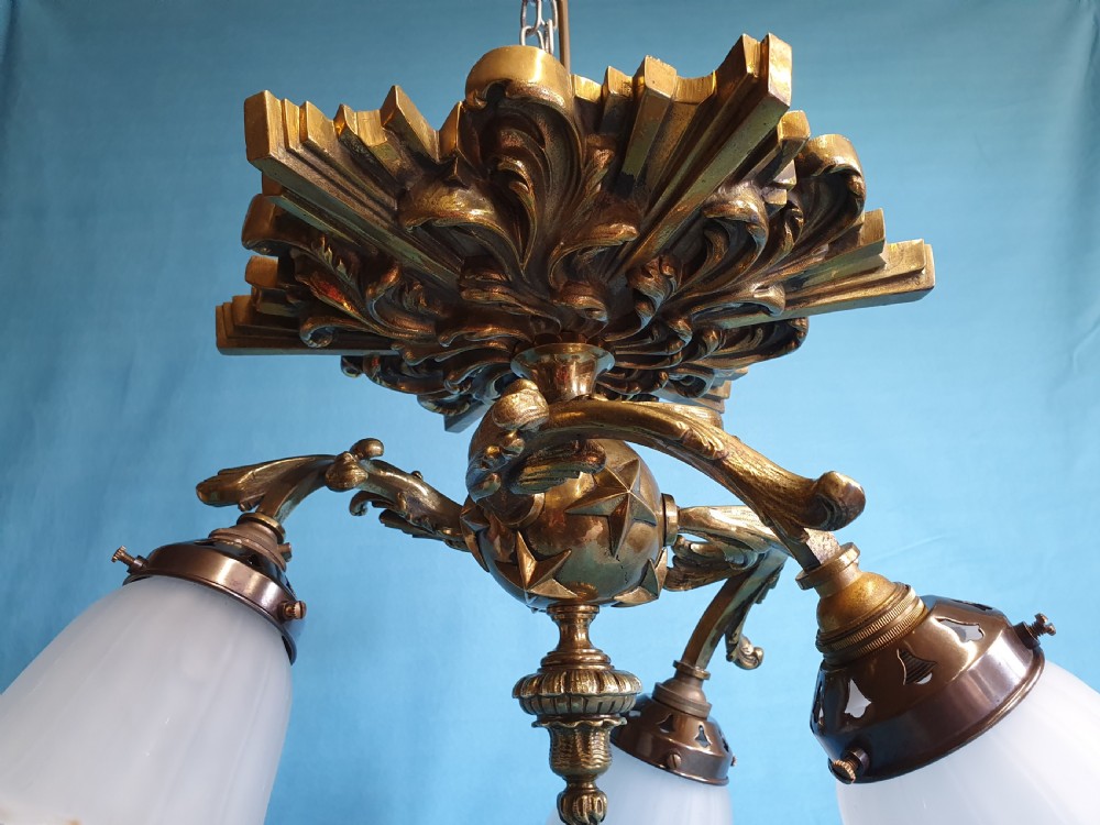 Early 20th century brass ceiling light with glass shades View IV