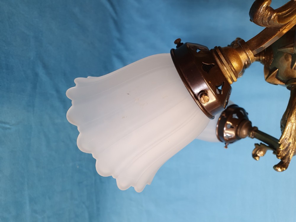 Early 20th century brass ceiling light with glass shades View V