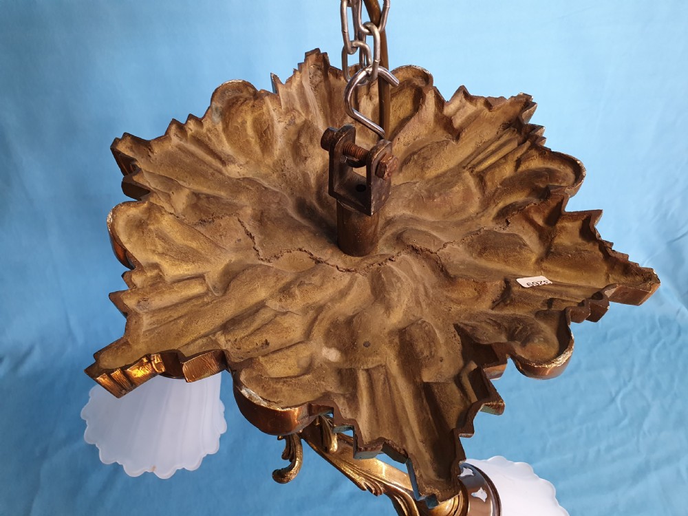 Early 20th century brass ceiling light with glass shades View VI