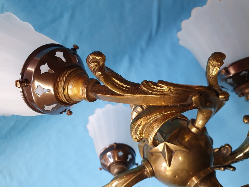 Early 20th century brass ceiling light with glass shades View VIII