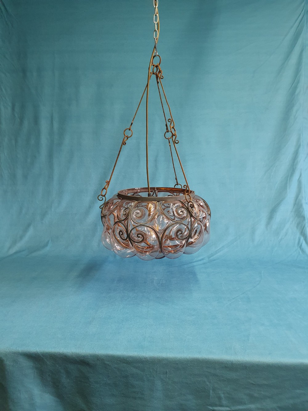 Large handblown glass pendant with wire construction