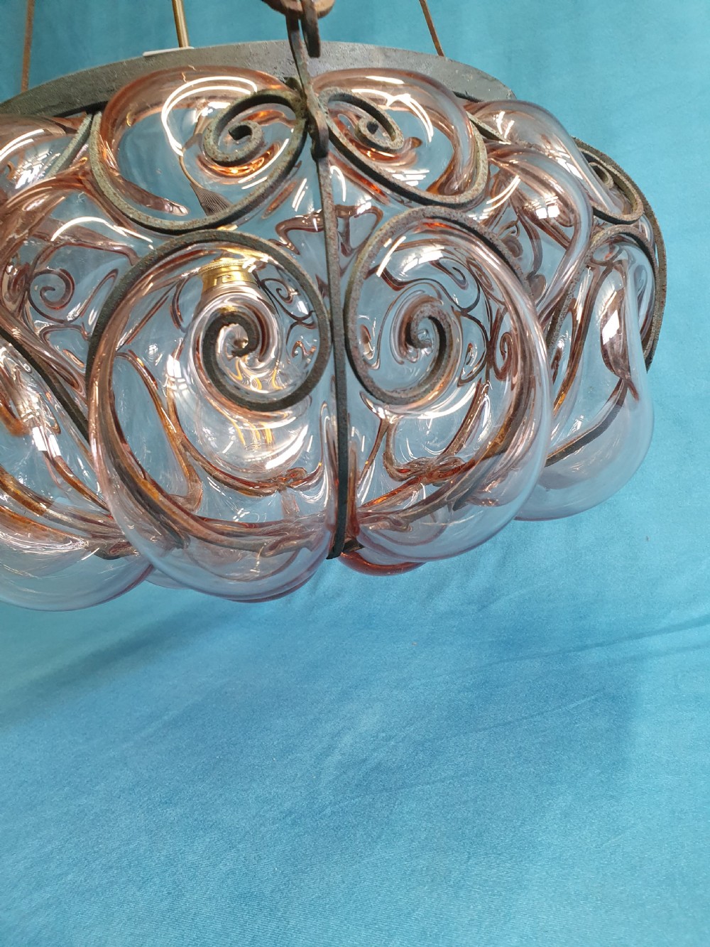 Large handblown glass pendant with wire construction View II
