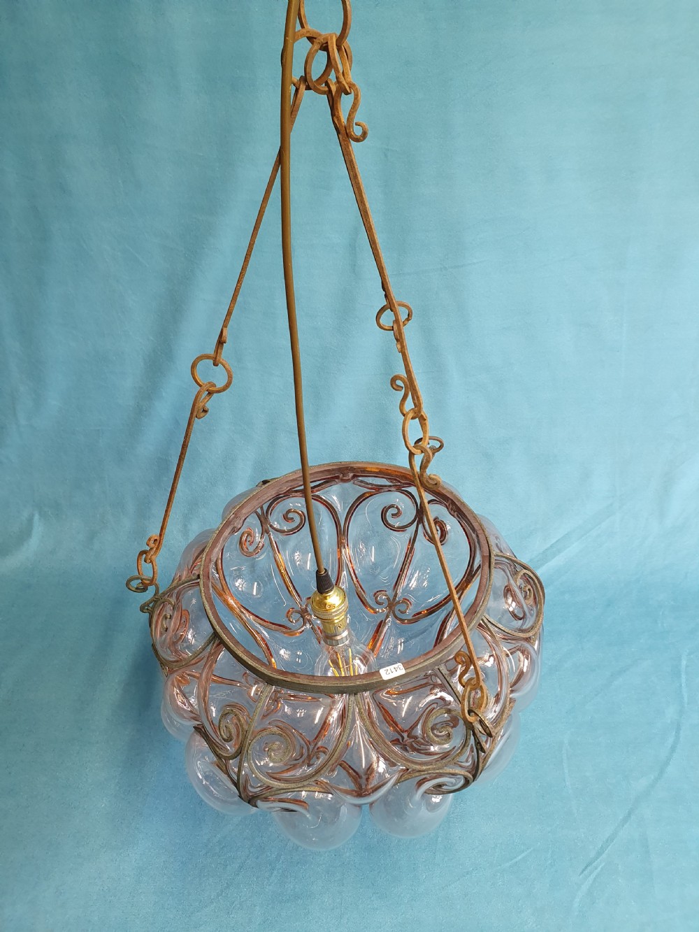 Large handblown glass pendant with wire construction View III