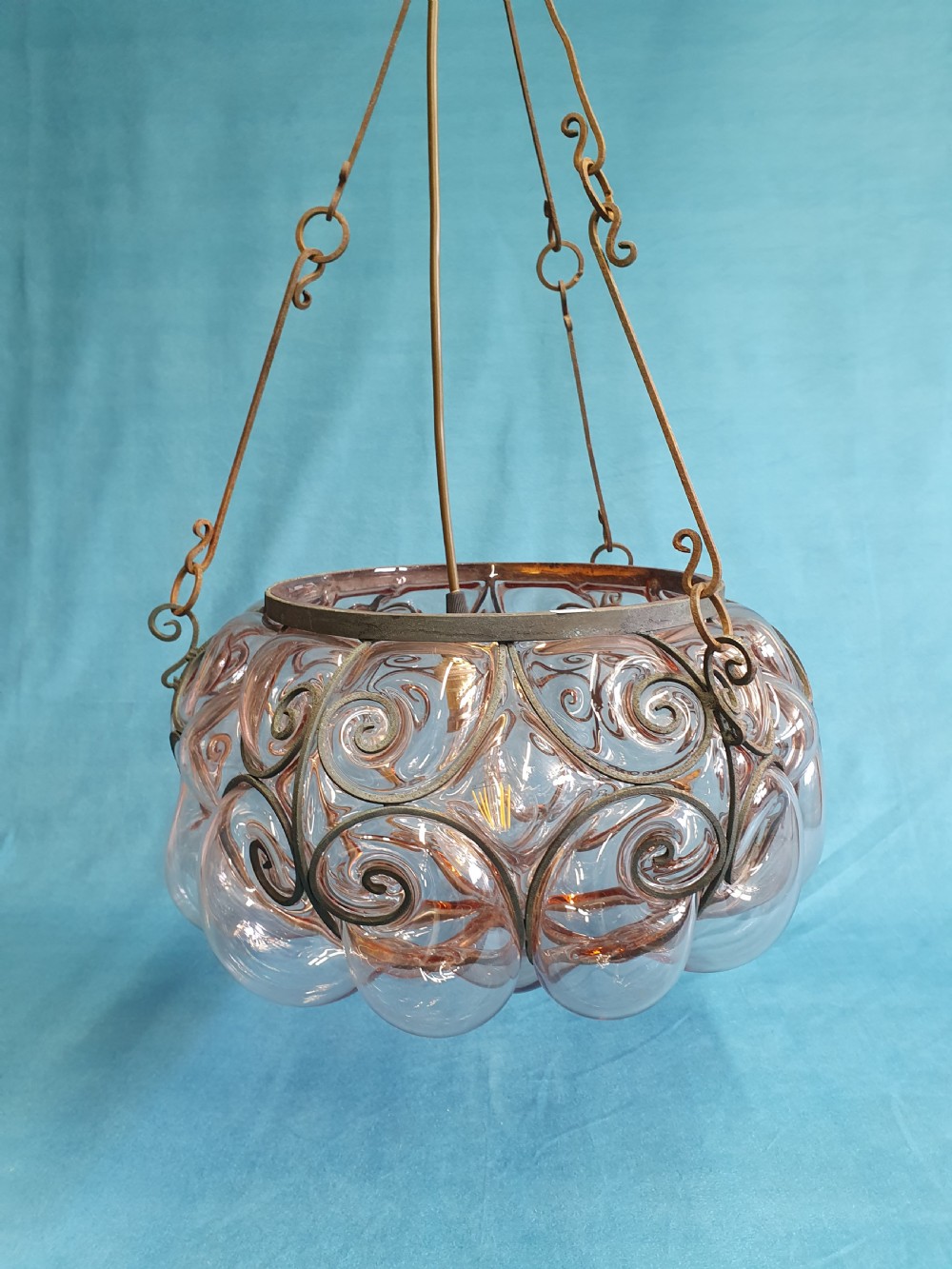 Large handblown glass pendant with wire construction View V