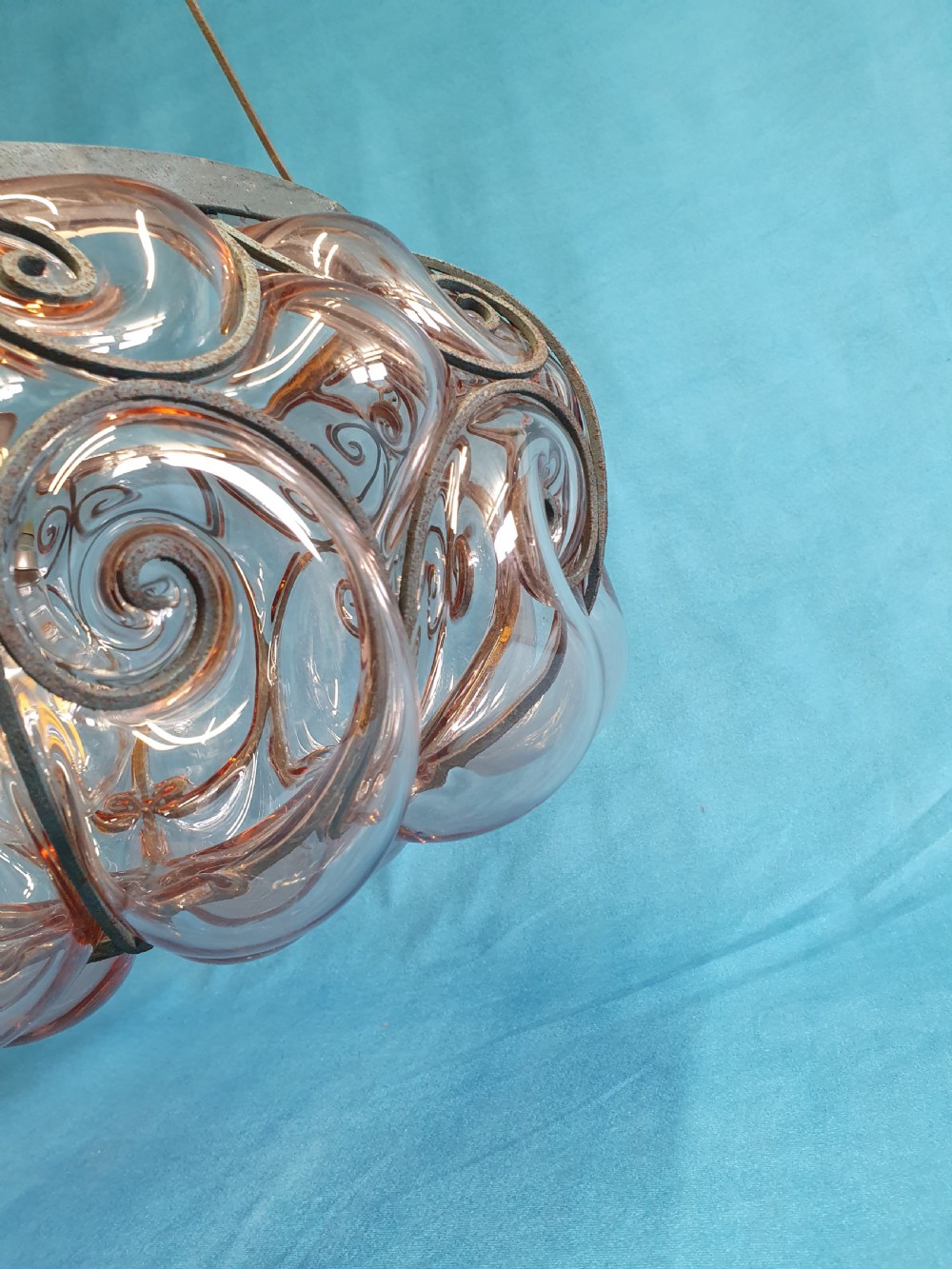 Large handblown glass pendant with wire construction View VI