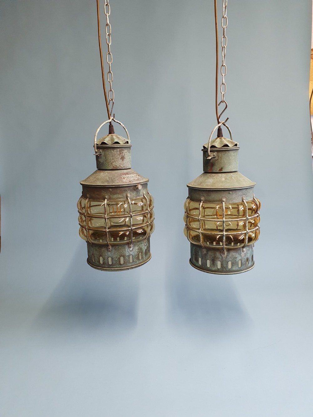 Pair of early 20th century verdigre green anchor lanterns