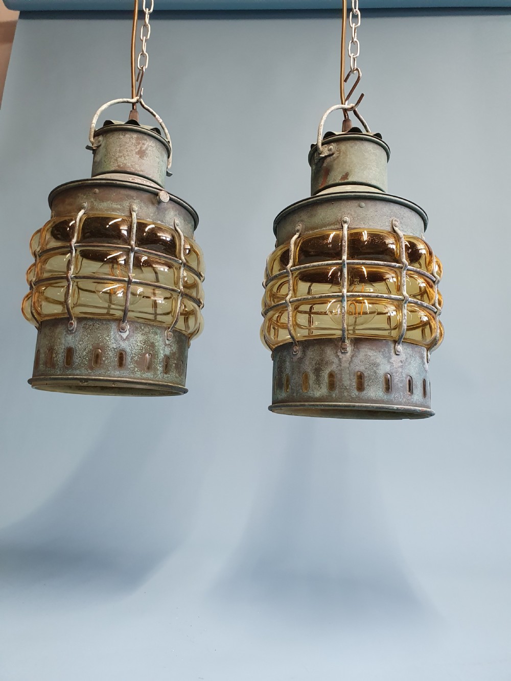 Pair of early 20th century verdigre green anchor lanterns View IV