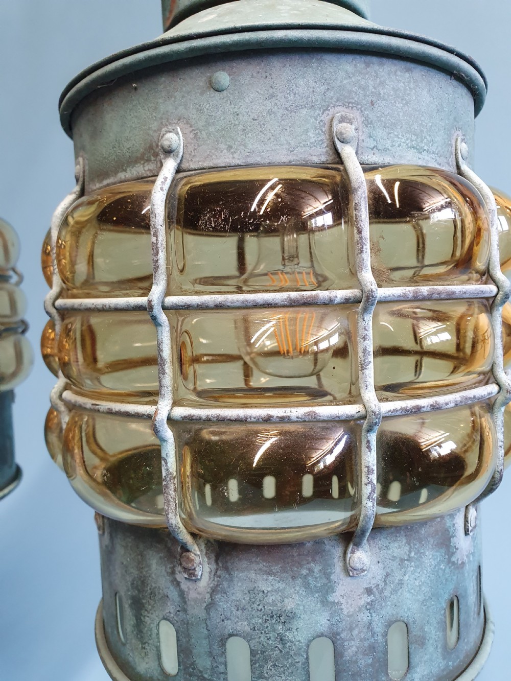 Pair of early 20th century verdigre green anchor lanterns View V