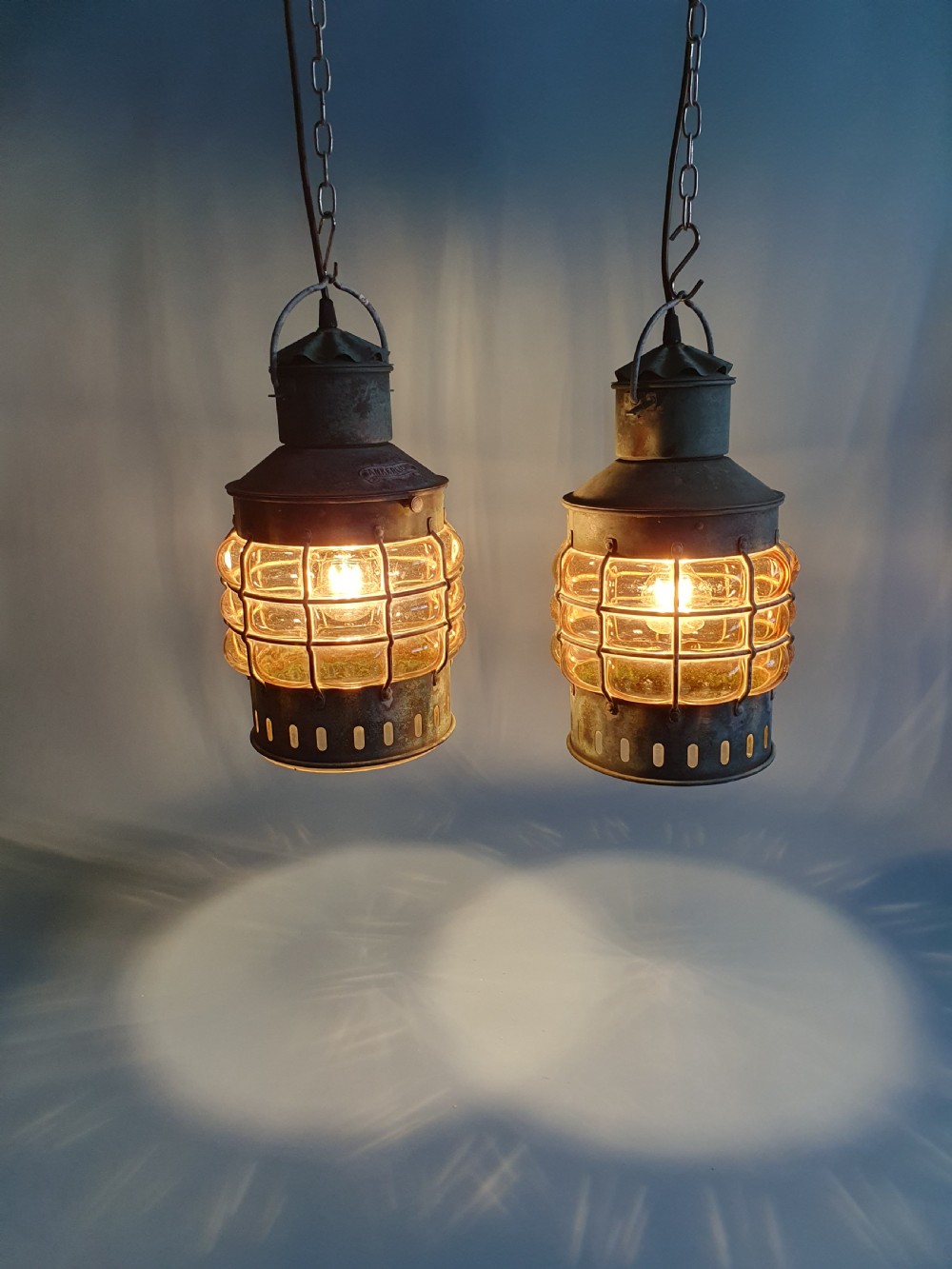 Pair of early 20th century verdigre green anchor lanterns View VIII