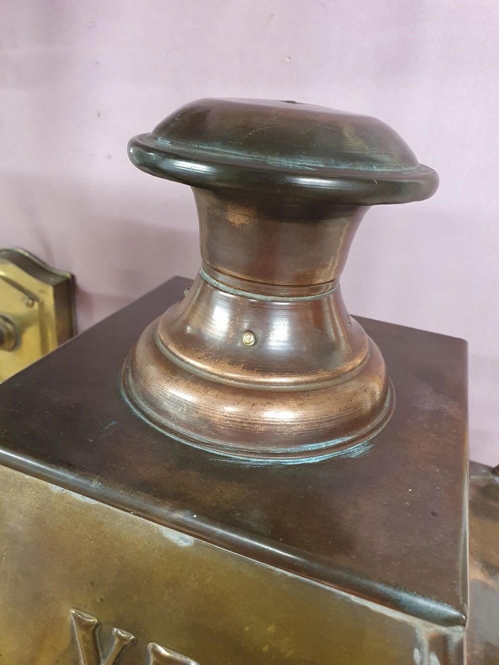 Pair of outside brass porch lights with the letters V R View VIII