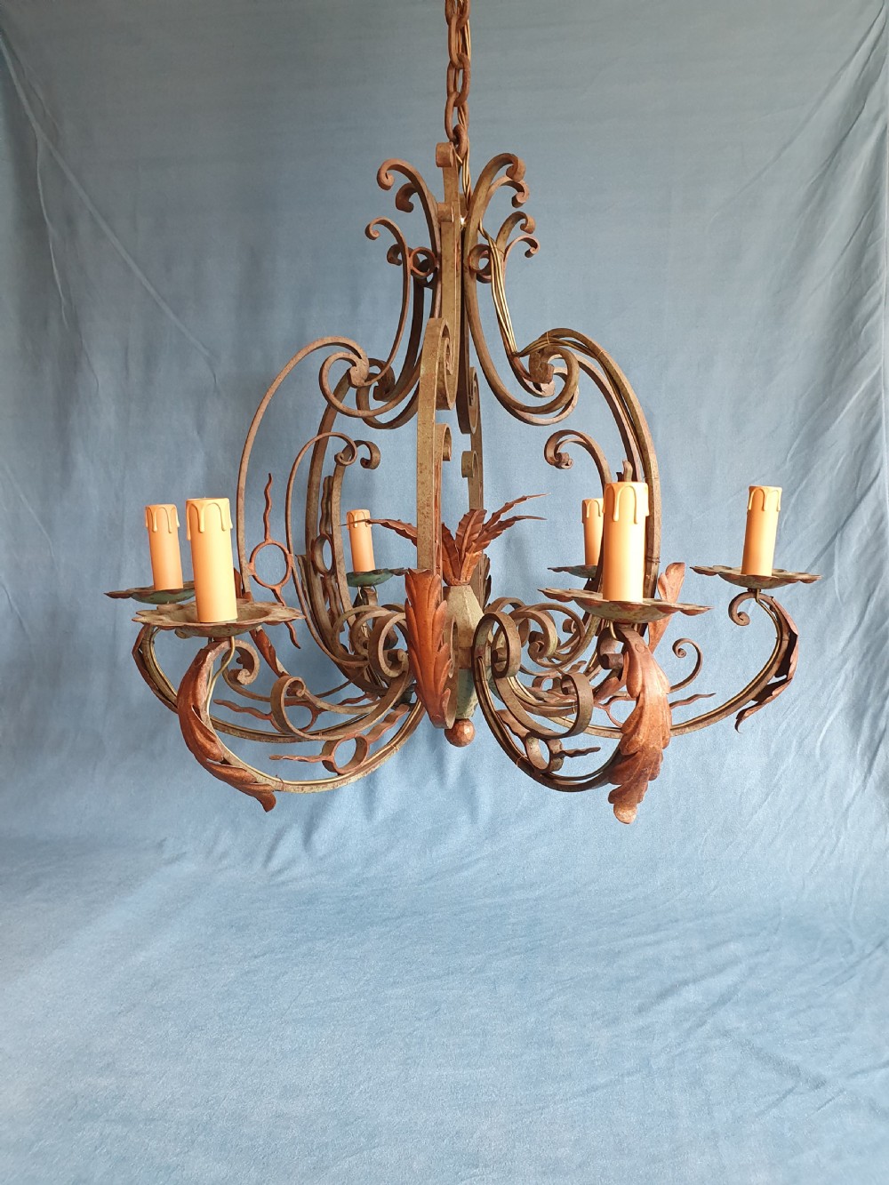 Early 20th century steel c scroll green chandelier