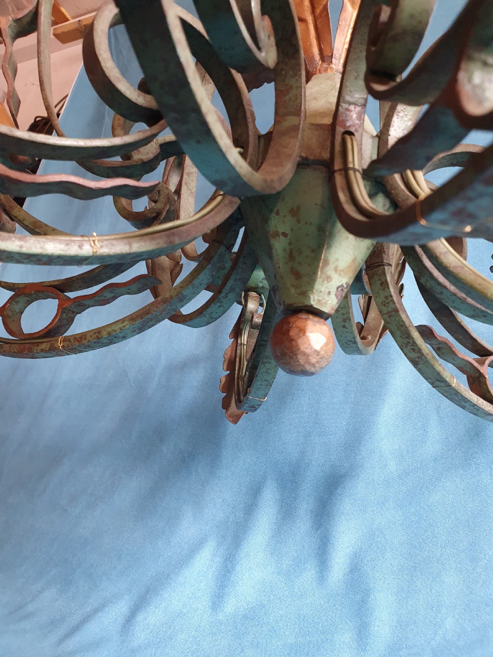 Early 20th century steel c scroll green chandelier View II