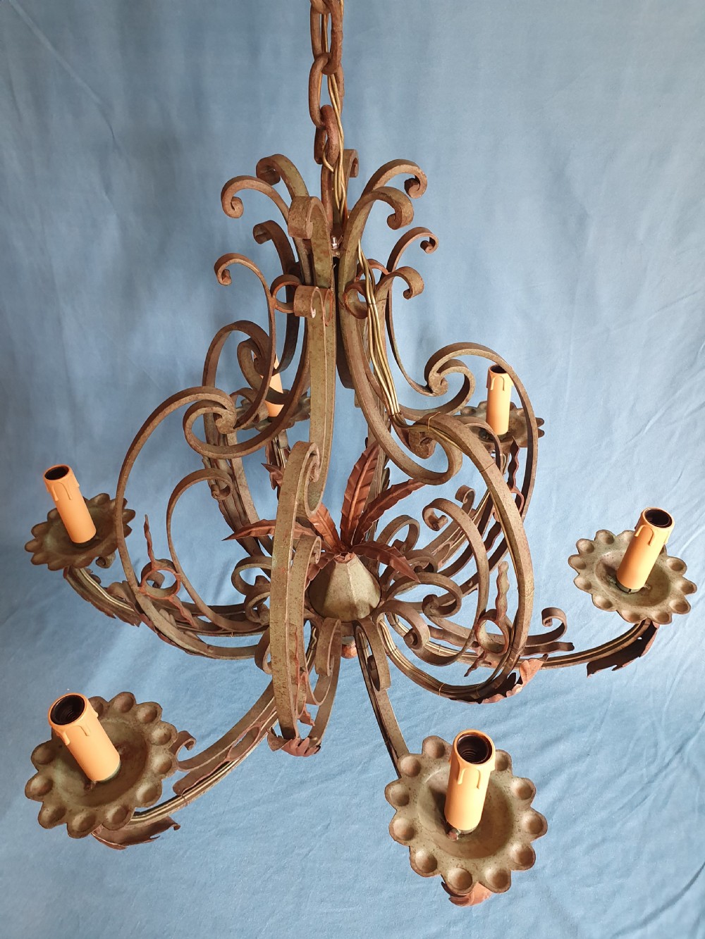 Early 20th century steel c scroll green chandelier View III