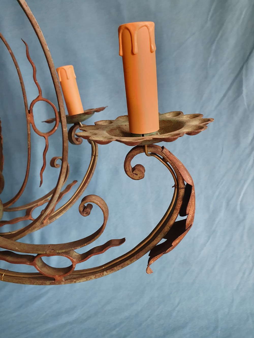 Early 20th century steel c scroll green chandelier View IV