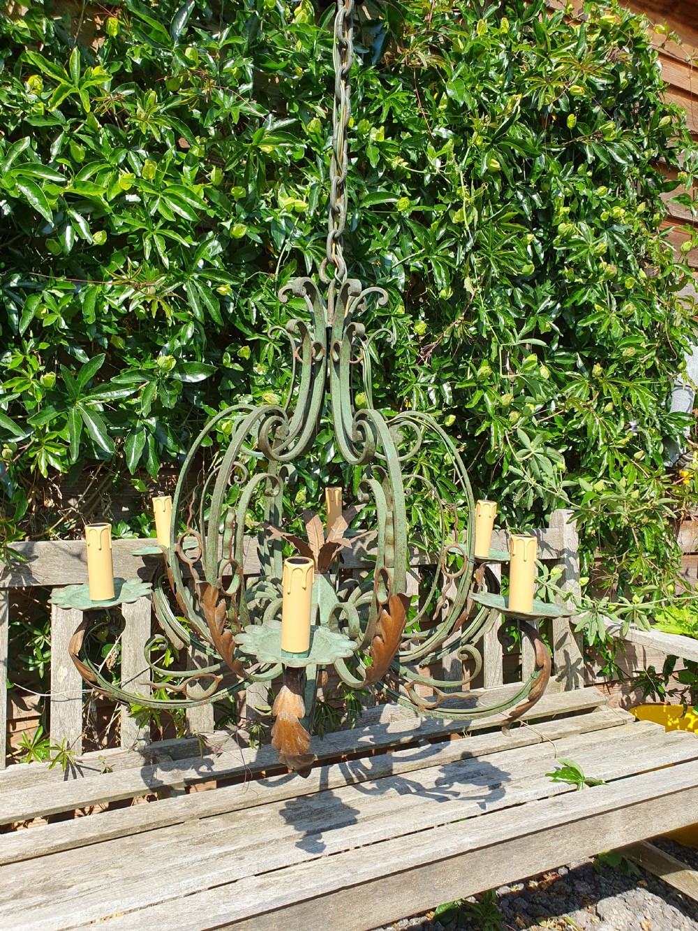 Early 20th century steel c scroll green chandelier View V