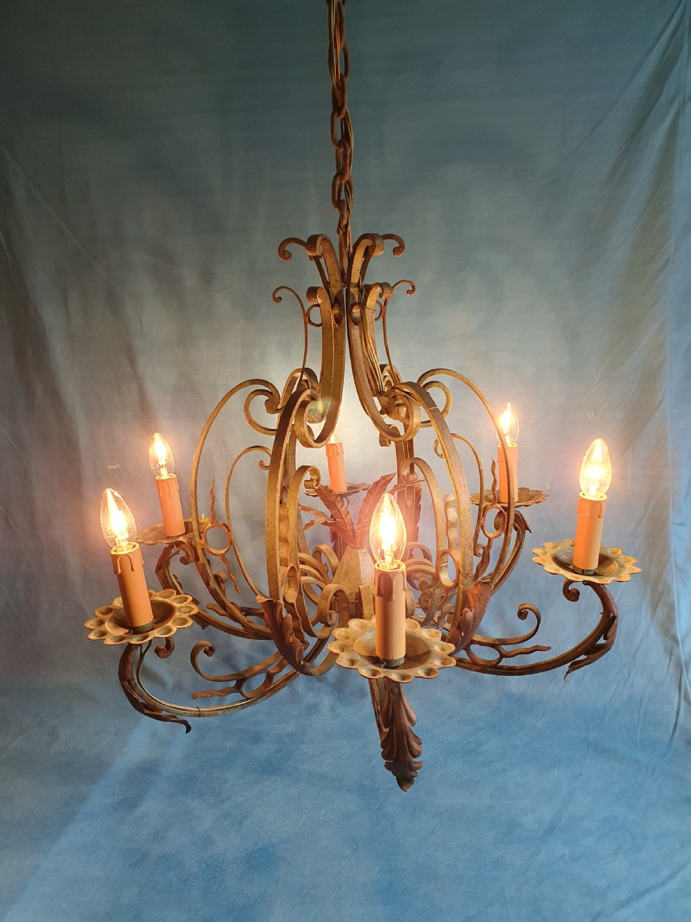 Early 20th century steel c scroll green chandelier View VI