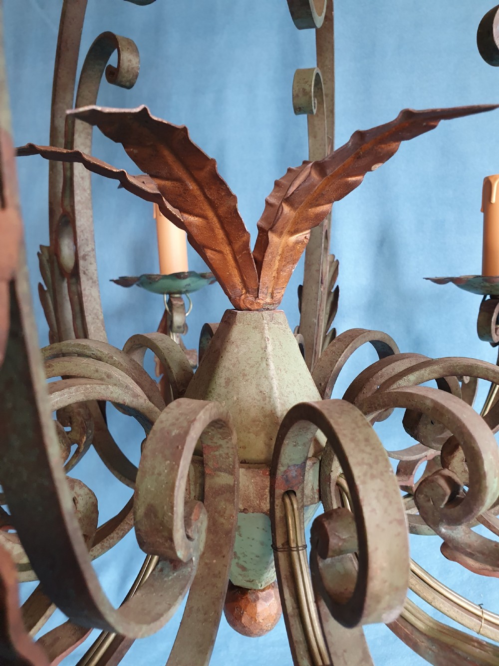 Early 20th century steel c scroll green chandelier View VIII
