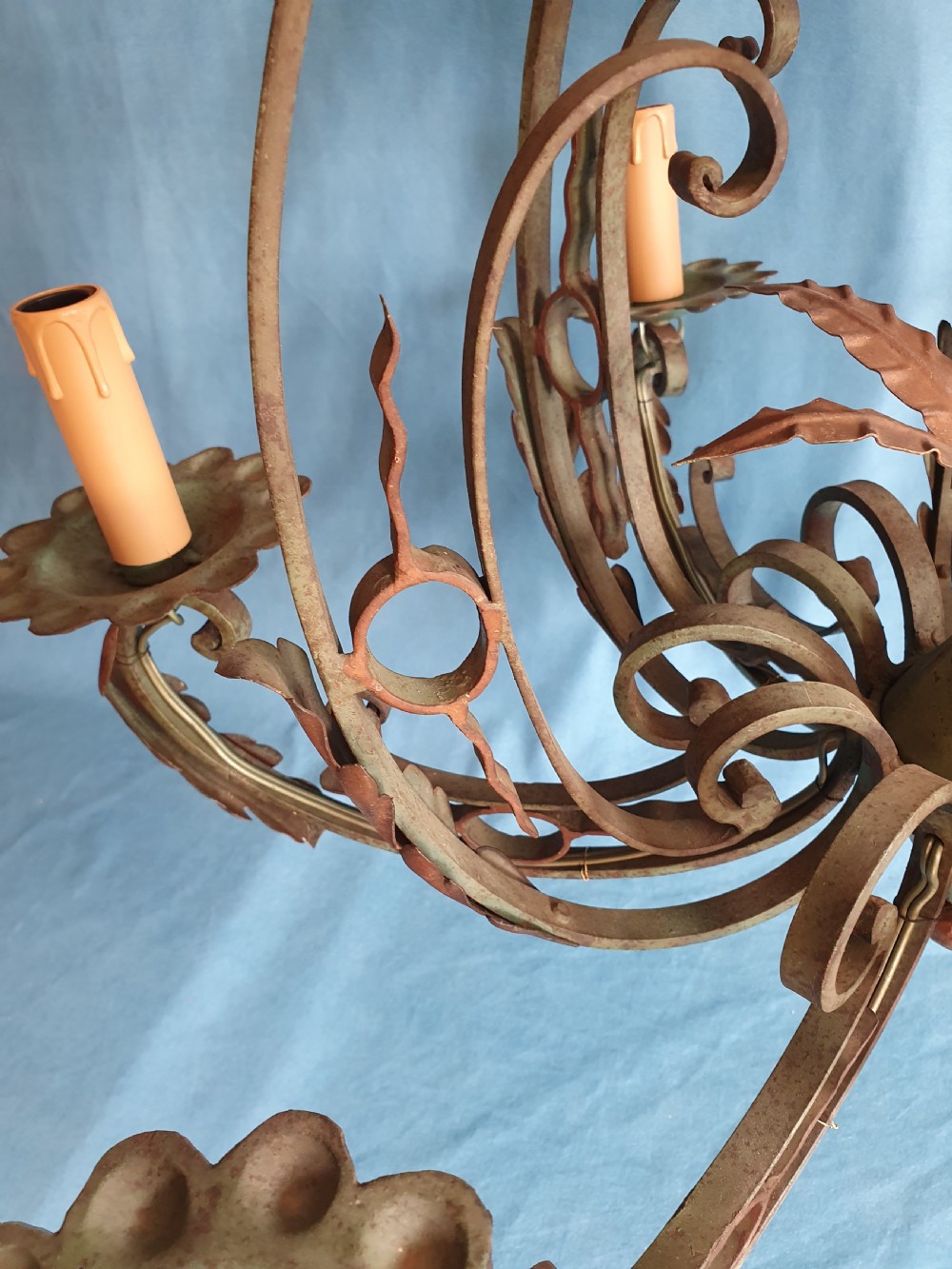 Early 20th century steel c scroll green chandelier View X