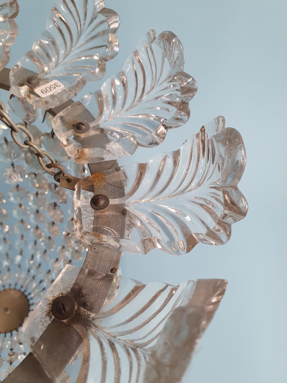 Early 20th century bag chandelier with very large glass leaf decoration 13